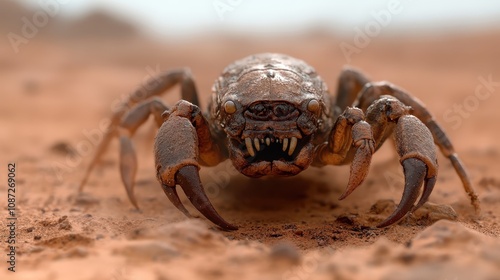 A fearsome, fanged crab-like beast with a hardened shell crawls across a desolate terrain, its threatening appearance evoking themes of survival and tenacity. photo