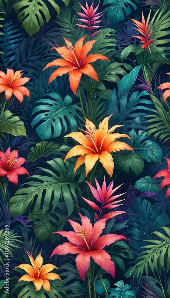 Tropical exotic pattern with animal and flowers in bright colors and lush vegetation Tropical exotic pattern with animal and flowers in bright colors and lush vegetation