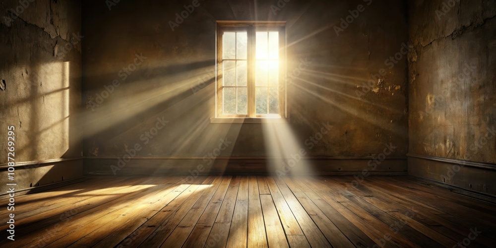 Sunlight streams through a window illuminating an empty room with worn wooden floors and peeling walls. Sunlight streams through a window illuminating an empty room with worn wooden floors and peeling walls.