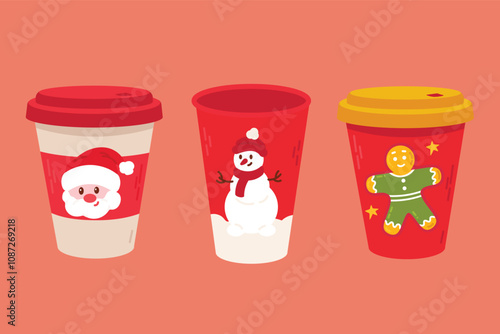 Christmas cup and mug set. Hot drinks. Holiday cute mugs with hot cocoa, coffee, and mulled wine. New year drinks decorated with sweets and candy. 