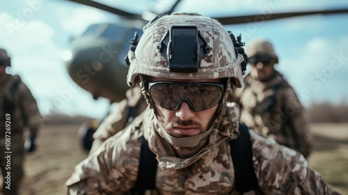 A soldier in camouflage with tactical gear stands facing the camera while a military helicopter lands in the background, indicating a mission in progress.