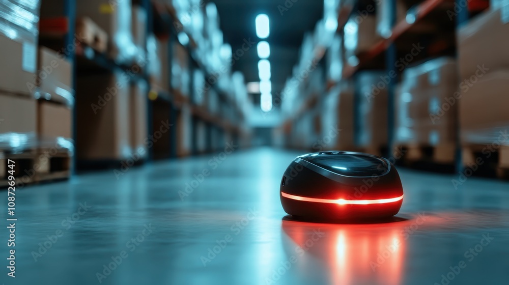 A sleek, autonomous robot with a red glow navigates through a long, brightly lit warehouse aisle surrounded by shelves filled with various cardboard boxes. A sleek, autonomous robot with a red glow navigates through a long, brightly lit warehouse aisle surrounded by shelves filled with various cardboard boxes.