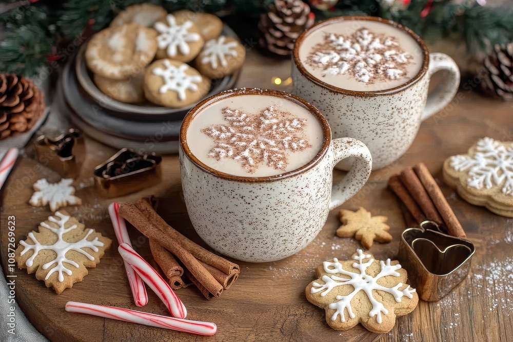 Cozy winter scene with hot cocoa, gingerbread cookies, candy canes, cinnamon sticks, shortbread cookies, and steaming coffee mugs, decorated for Christmas. Cozy winter scene with hot cocoa, gingerbread cookies, candy canes, cinnamon sticks, shortbread cookies, and steaming coffee mugs, decorated for Christmas.