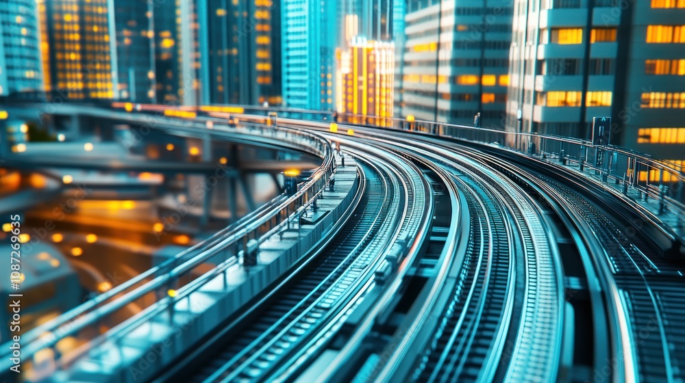 A futuristic cityscape featuring winding train tracks amidst illuminated skyscrapers. A futuristic cityscape featuring winding train tracks amidst illuminated skyscrapers.