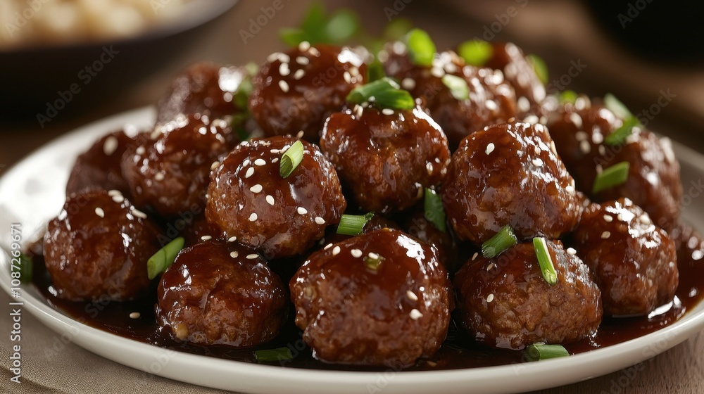 Saucy Asian Meatballs . Savory Asian Glazed Meatballs in Bowl with Sesame and Cilantro Saucy Asian Meatballs . Savory Asian Glazed Meatballs in Bowl with Sesame and Cilantro