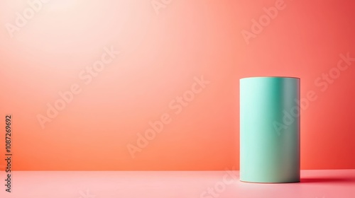 A lone teal cylinder stands on a soft pastel surface, projecting simplicity and modern elegance, enhanced by the subtle interplay of light and shadow.