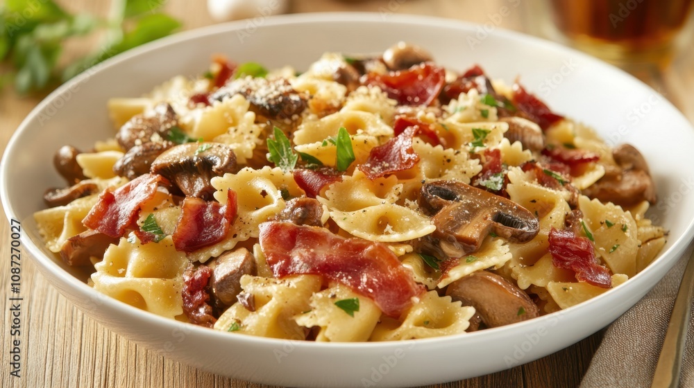 Italian pasta dish with mushrooms, bacon, and fresh herbs Italian pasta dish with mushrooms, bacon, and fresh herbs