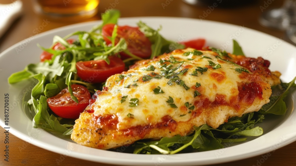 Delicious chicken parmesan on a bed of fresh arugula and cherry tomato salad Delicious chicken parmesan on a bed of fresh arugula and cherry tomato salad