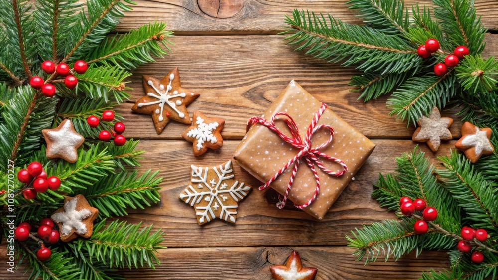 Festive Gingerbread Stars and Gift on Rustic Wooden Background with Pine Branches and Red Berries Festive Gingerbread Stars and Gift on Rustic Wooden Background with Pine Branches and Red Berries