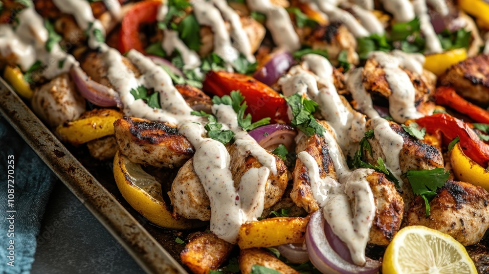 Grilled chicken and vegetables with creamy dressing for a vibrant summer meal Grilled chicken and vegetables with creamy dressing for a vibrant summer meal