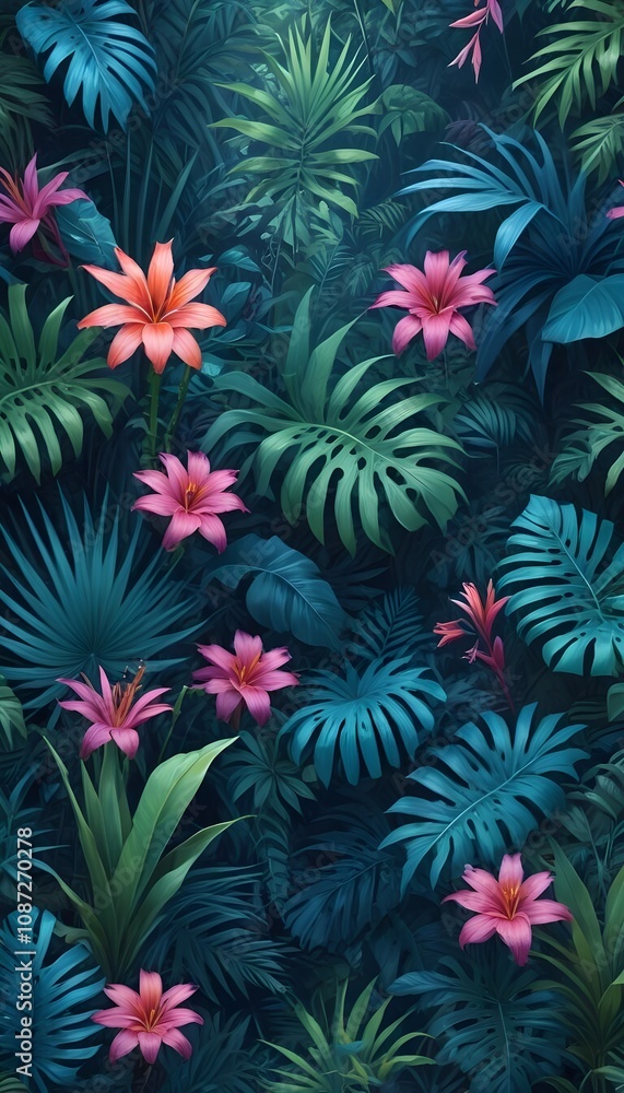 Tropical exotic pattern with animal and flowers in bright colors and lush vegetation Tropical exotic pattern with animal and flowers in bright colors and lush vegetation
