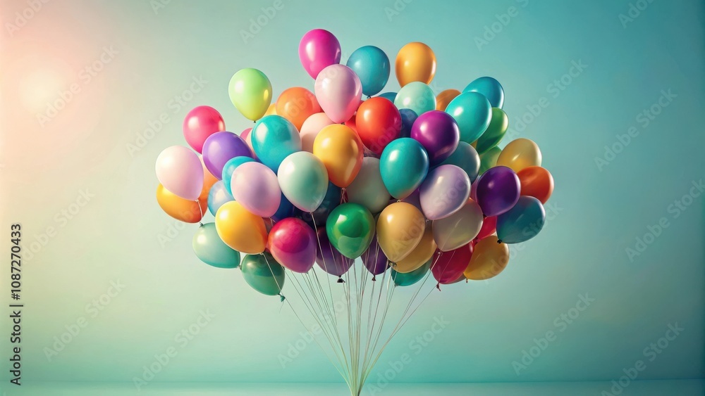 A vibrant cluster of colorful balloons, tied together with strings, floats against a soft, blue-green background. They symbolize joy, celebration, and the lightness of spirit. A vibrant cluster of colorful balloons, tied together with strings, floats against a soft, blue-green background. They symbolize joy, celebration, and the lightness of spirit.