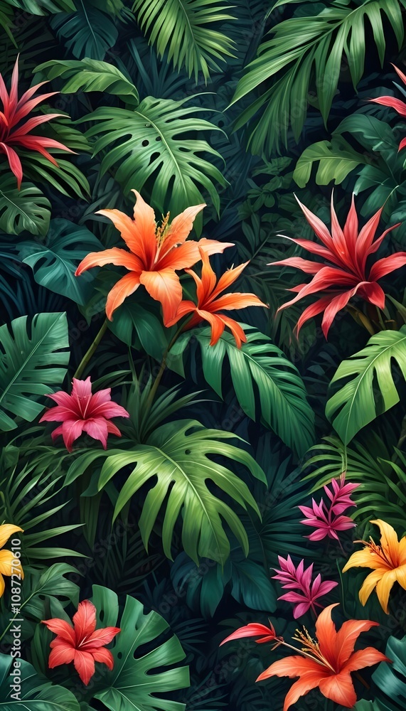 Tropical exotic pattern with animal and flowers in bright colors and lush vegetation Tropical exotic pattern with animal and flowers in bright colors and lush vegetation
