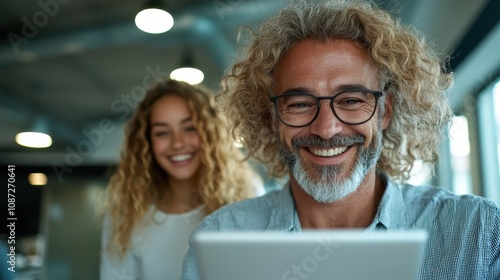 A white-bearded man with glasses and a cheerful girl engage with a tablet, showcasing a moment of modern technology enjoyment in a warmly lit environment.