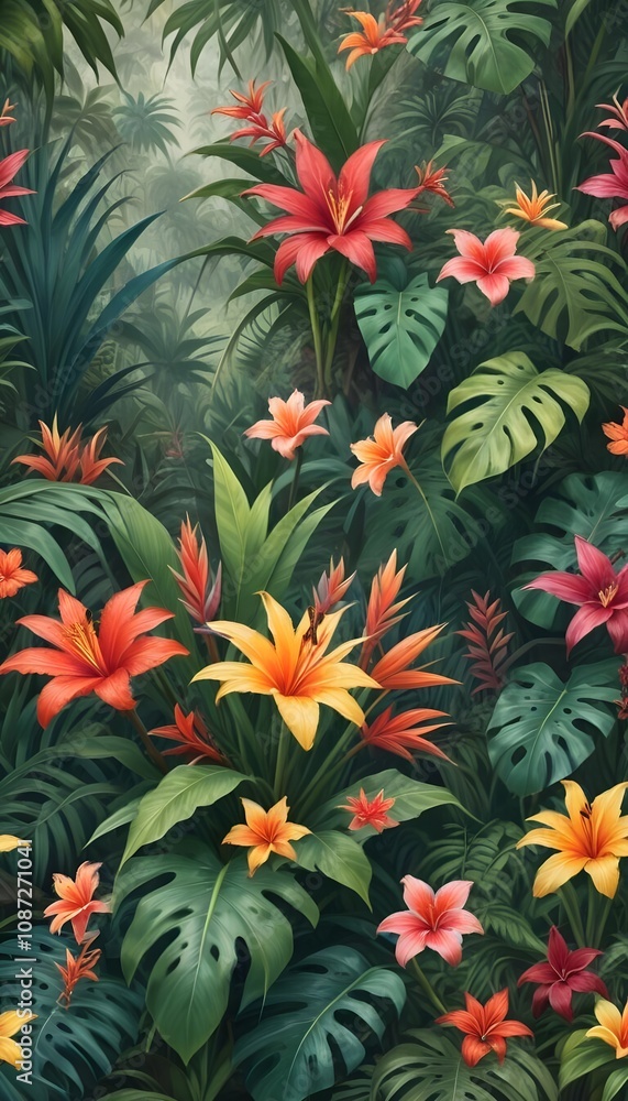 Tropical exotic pattern with animal and flowers in bright colors and lush vegetation Tropical exotic pattern with animal and flowers in bright colors and lush vegetation