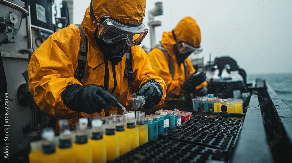 Researchers in bright yellow suits work diligently on seafloor samples, ensuring safe data transmission to their laboratory during harsh conditions. Researchers in bright yellow suits work diligently on seafloor samples, ensuring safe data transmission to their laboratory during harsh conditions.