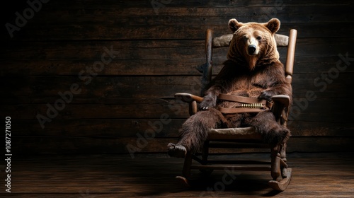 A bear clad in a detailed costume, complete with an ammunition belt, relaxes in a simple rocking chair, merging whimsy with strangeness and storytelling potential.