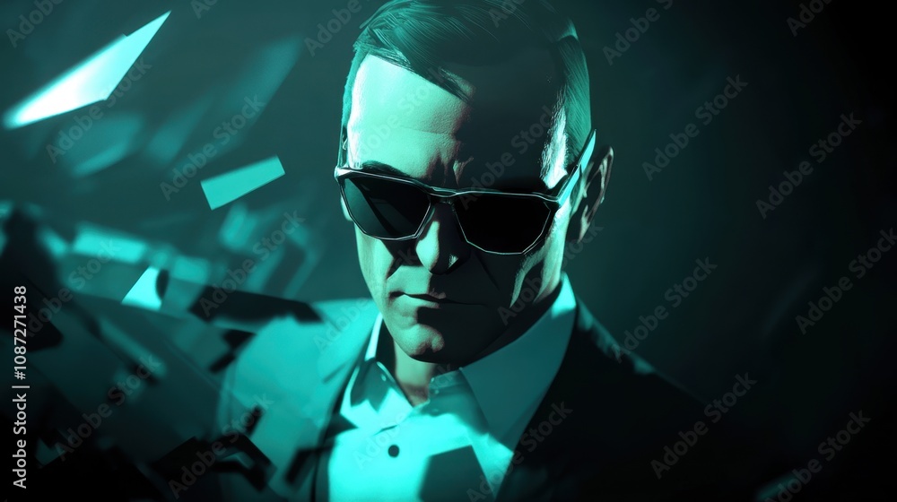 D.B. Cooper Day Mysterious agent in dark suit with sunglasses in futuristic setting D.B. Cooper Day Mysterious agent in dark suit with sunglasses in futuristic setting
