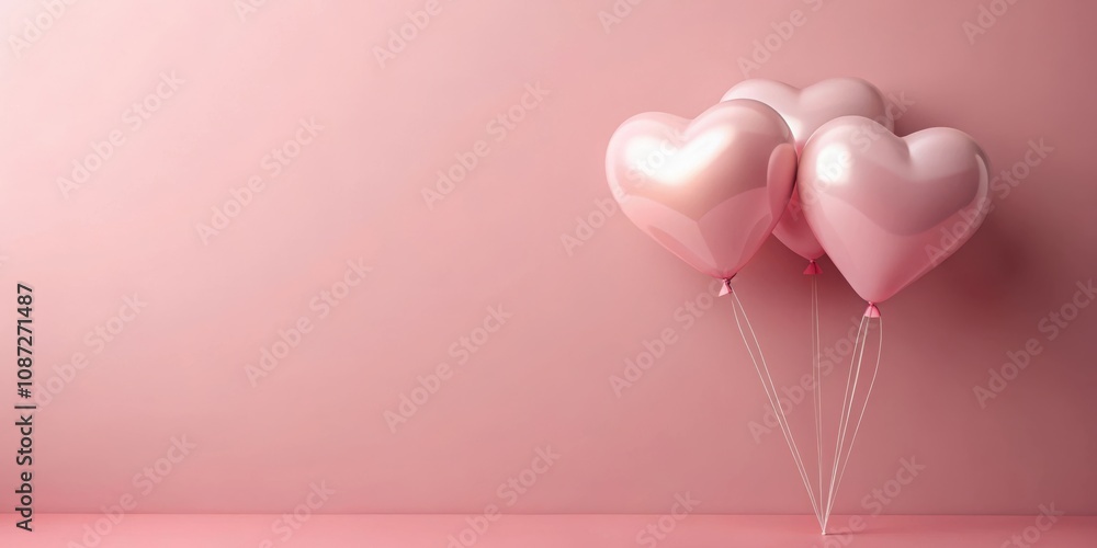 A trio of soft pink heart-shaped balloons against a pale pink background, ready for a romantic celebration. A trio of soft pink heart-shaped balloons against a pale pink background, ready for a romantic celebration.