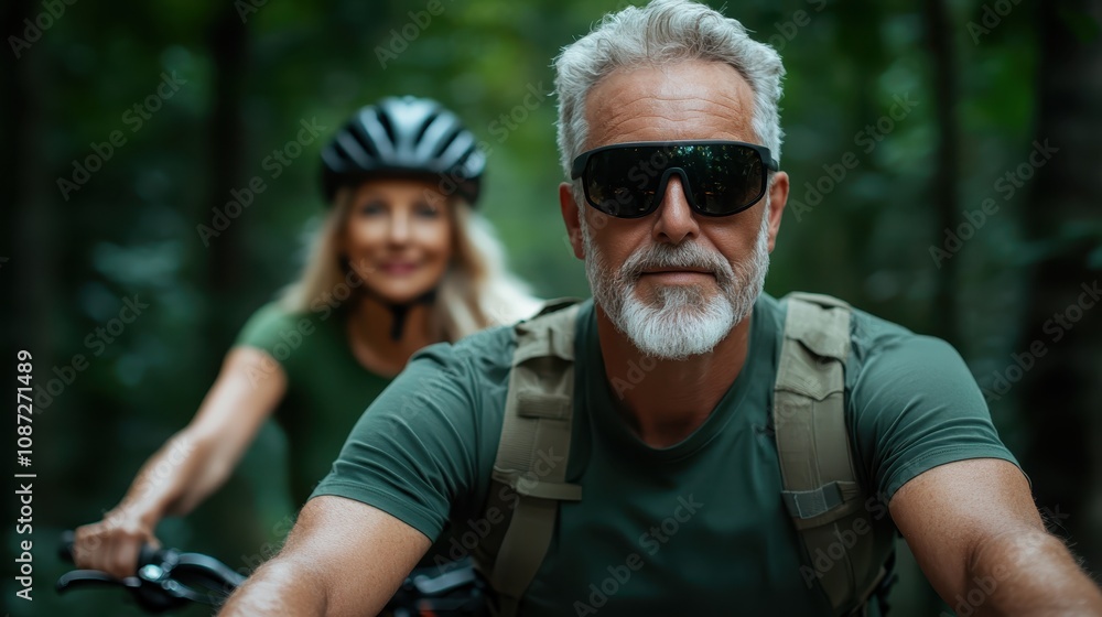 A focused senior man with a white beard confidently leads the way on a forest trail, wearing sunglasses and a helmet, embodying strength and determination. A focused senior man with a white beard confidently leads the way on a forest trail, wearing sunglasses and a helmet, embodying strength and determination.