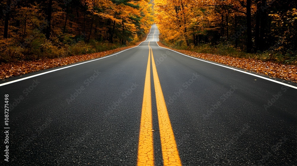 Obraz premium Scenic Autumn Highway Surrounded by Vibrant Trees - Tranquil Road in Rich Shades of Orange and Yellow Perfect for Fall Season Themes and Nature Photography