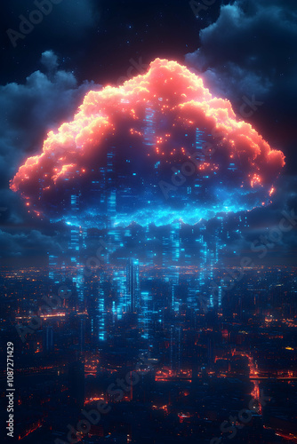 Glowing cloud data raining over city.