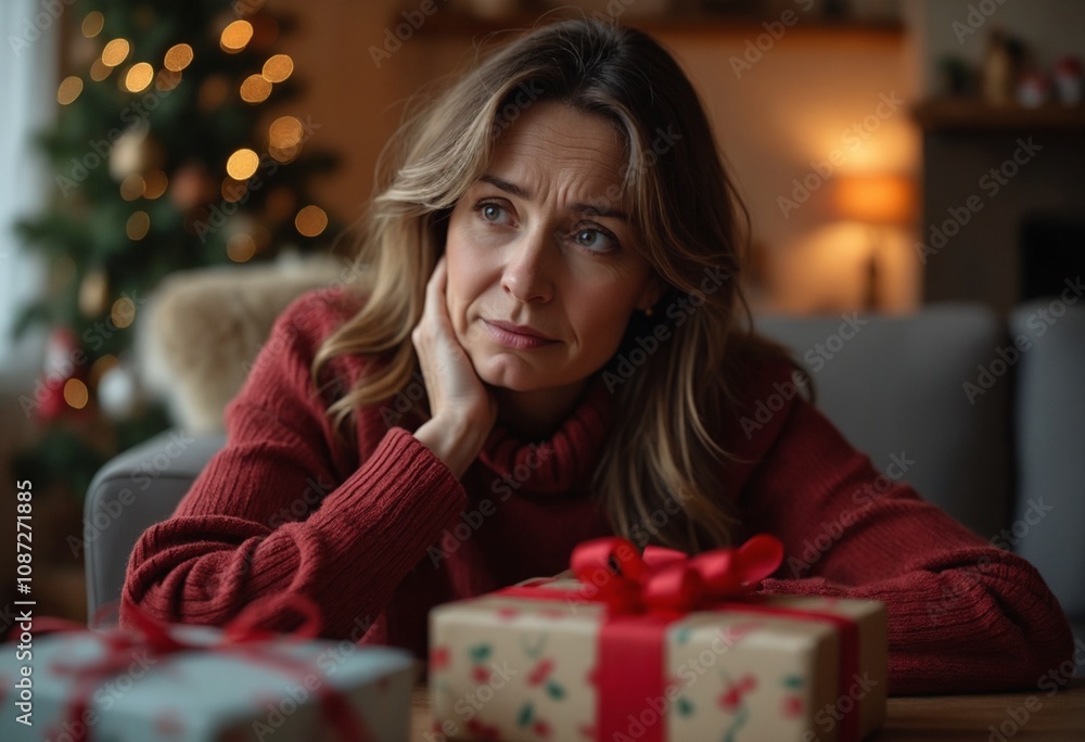 Tired depressed frustrated middle aged woman at home. Winter holiday stress, present gift buying, wrapping, preparing for Christmas concept Tired depressed frustrated middle aged woman at home. Winter holiday stress, present gift buying, wrapping, preparing for Christmas concept