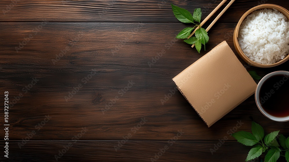 A minimalist setup featuring a serving of plain white rice in a bowl, accompanied by herbal decorations, a folded napkin, and a steaming cup of tea on rustic wood. A minimalist setup featuring a serving of plain white rice in a bowl, accompanied by herbal decorations, a folded napkin, and a steaming cup of tea on rustic wood.