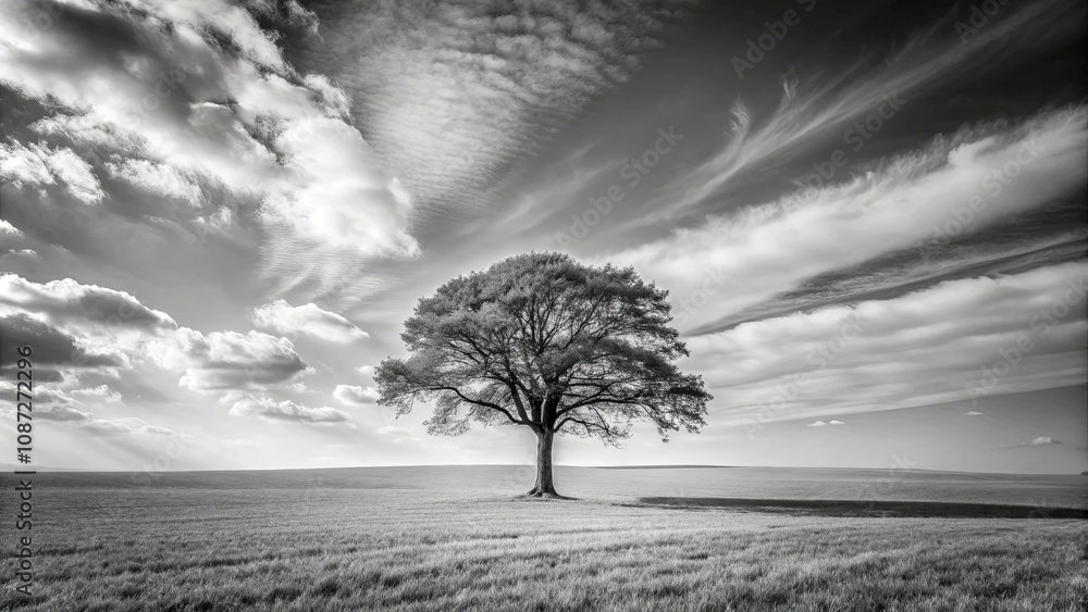 Obraz premium Solitary Tree in a Vast, Open Field Under a Dramatic Sky