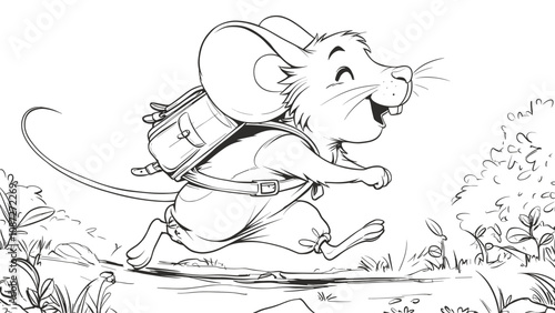 Little Mouse Running with Backpack Through Field Cartoon Character Coloring Page for Kids Adorable Illustration Playful Scene Fun Drawing for Children Cheerful Adventure Art Page