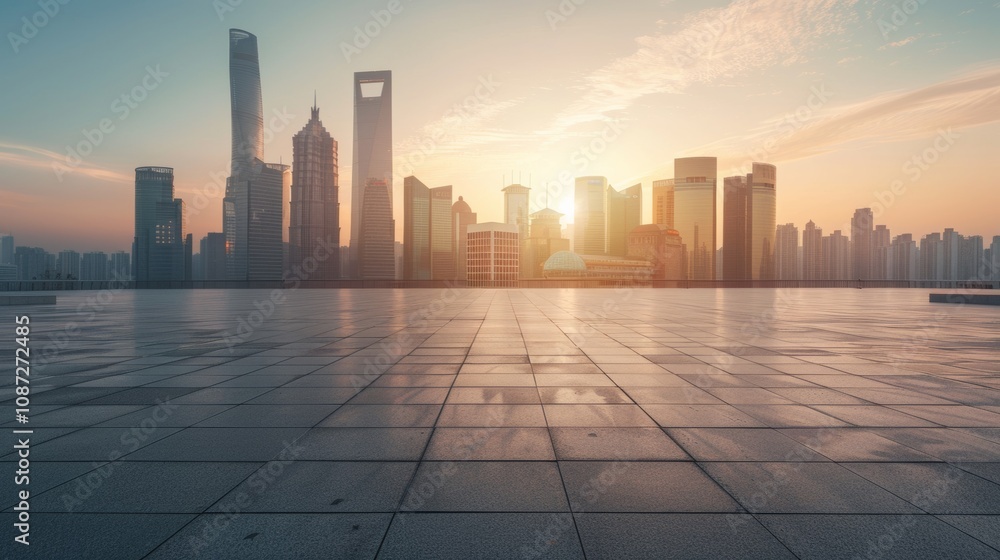 Empty square floor with city skyline background, City skyline in monochrome elegance, timeless black and white urban panorama Empty square floor with city skyline background, City skyline in monochrome elegance, timeless black and white urban panorama