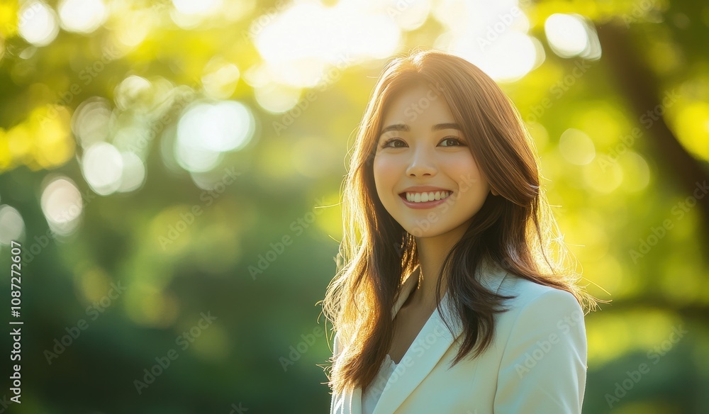 Woman in a white business suit is smiling confidently while standing outdoors. Background is soft blur of green trees and natural light, creating calm and professional atmosphere. Woman in a white business suit is smiling confidently while standing outdoors. Background is soft blur of green trees and natural light, creating calm and professional atmosphere.
