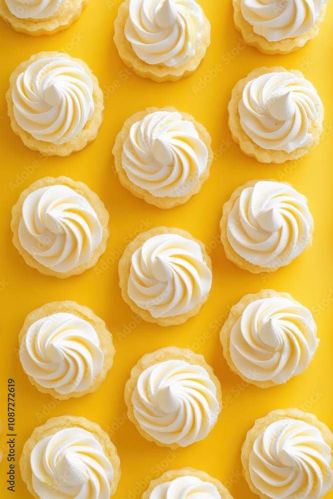 Delicious vanilla cupcakes with swirled cream frosting on a vibrant yellow background National Lemon Cream Pie Day Delicious vanilla cupcakes with swirled cream frosting on a vibrant yellow background National Lemon Cream Pie Day
