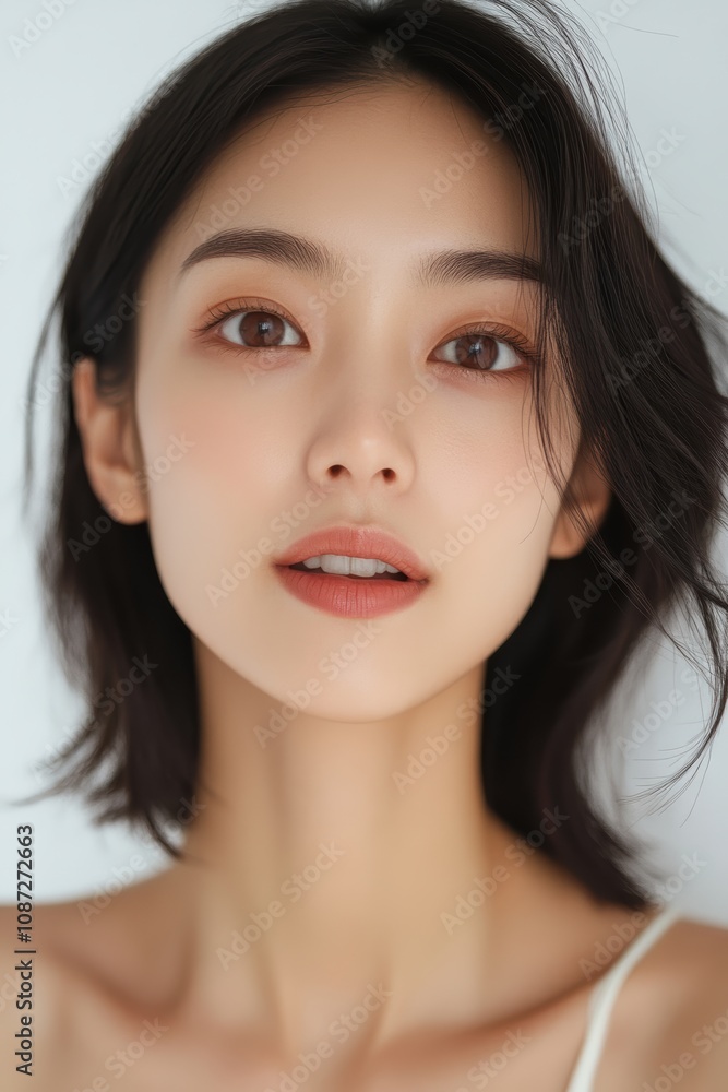 A senior Asian woman with shoulder-length hair poses in a bikini, exuding confidence and grace against a clean white background. A senior Asian woman with shoulder-length hair poses in a bikini, exuding confidence and grace against a clean white background.