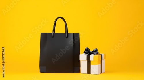 A black shopping bag beside a gift box on a bright yellow background.