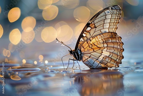 Wallpaper Mural Butterfly Drinks Water with Reflection, Bokeh, Nature, Insect, Wildlife Torontodigital.ca