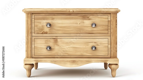 A wooden nightstand with two drawers, showcasing a classic design and natural finish.