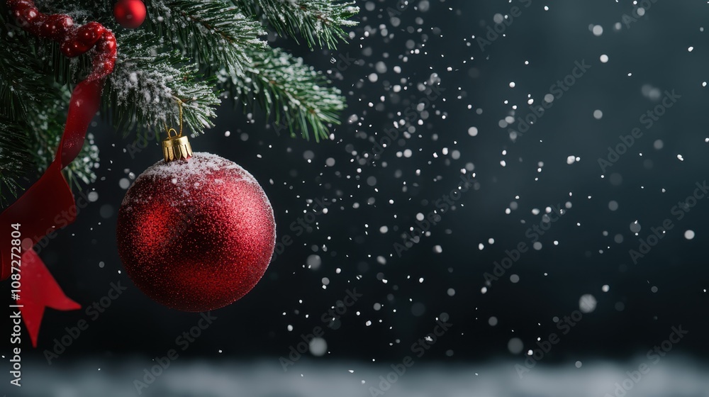 Obraz premium A beautiful red Christmas ornament dangles from a snow-dusted pine tree branch, evoking the serene charm of a winter wonderland filled with festive cheer.