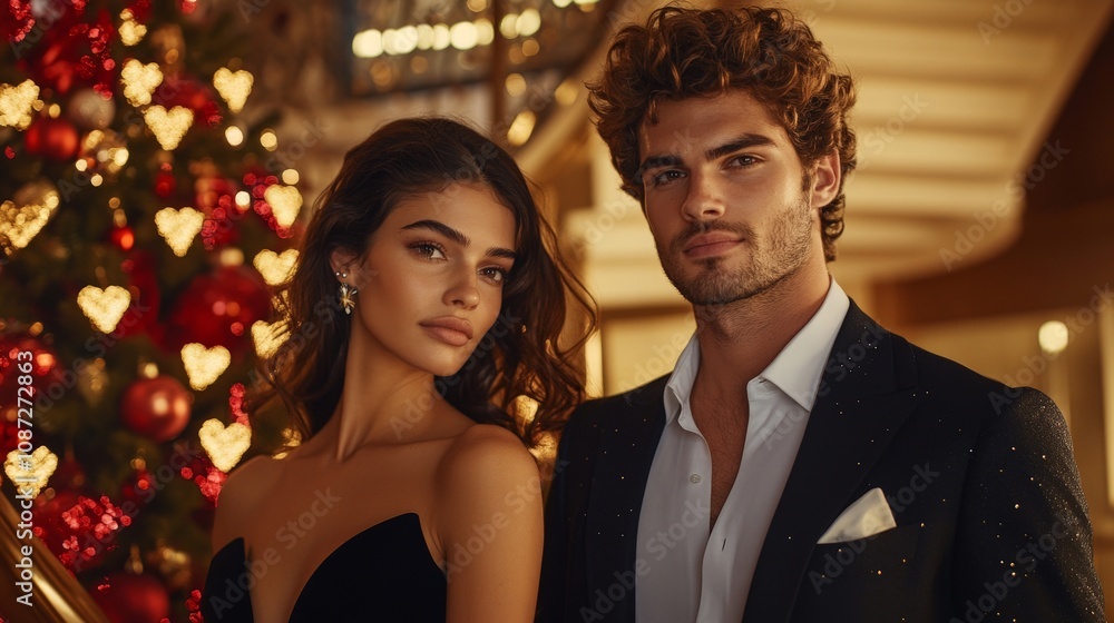 Elegant caucasian young adults celebrating christmas in formal attire Elegant caucasian young adults celebrating christmas in formal attire