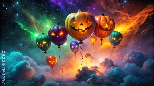 A group of jack-o-lantern balloons float through a cosmic sky filled with swirling clouds and shimmering stars.