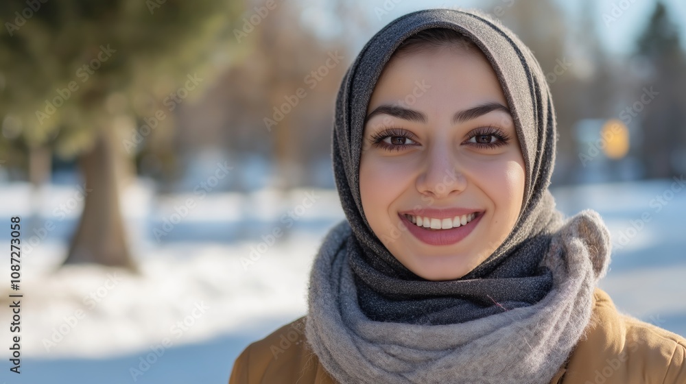 A young woman stands confidently in a winter park, showcasing her radiant smile. She wears a stylish scarf and hijab, highlighting her joy amidst the serene snowy landscape. A young woman stands confidently in a winter park, showcasing her radiant smile. She wears a stylish scarf and hijab, highlighting her joy amidst the serene snowy landscape.
