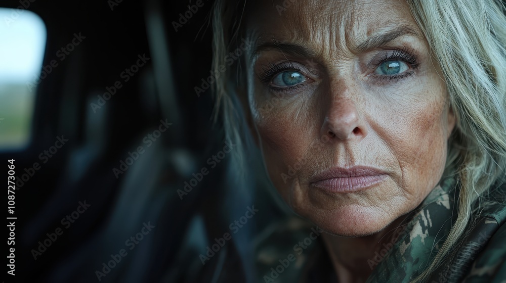 A woman with blue eyes and silver hair in camouflage attire looks intently at the viewer, portraying strength, determination, and resilience in her expression. A woman with blue eyes and silver hair in camouflage attire looks intently at the viewer, portraying strength, determination, and resilience in her expression.