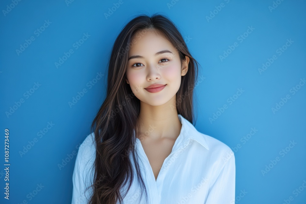 Beautiful Asian girl with long dark hair stands smiling warmly in front of a turquoise background. She is wearing a simple white shirt, exuding natural beauty and positivity. Beautiful Asian girl with long dark hair stands smiling warmly in front of a turquoise background. She is wearing a simple white shirt, exuding natural beauty and positivity.