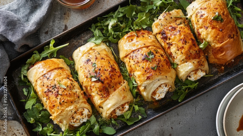 Savory filo pastry rolls with cheese filling on fresh arugula Savory filo pastry rolls with cheese filling on fresh arugula
