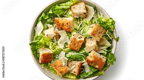 A fresh salad with romaine lettuce, croutons, and cheese, perfect for a healthy meal.