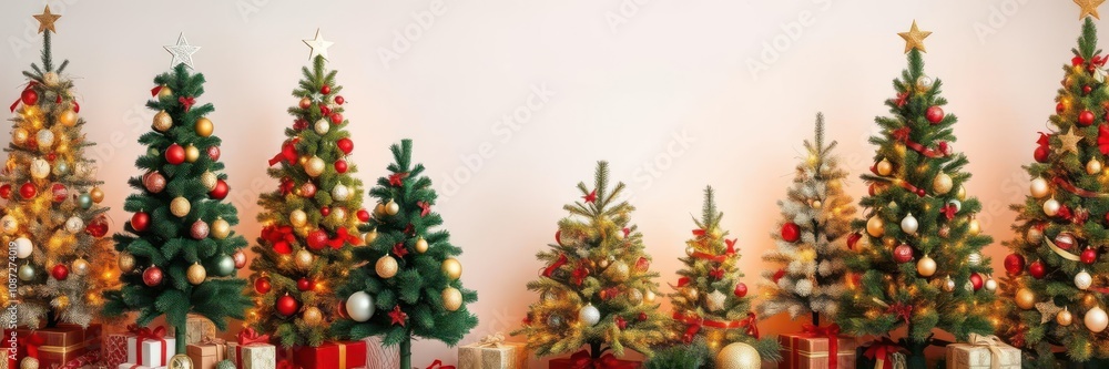 A collage of various Christmas trees decorated with ornaments and lights, lights, background A collage of various Christmas trees decorated with ornaments and lights, lights, background
