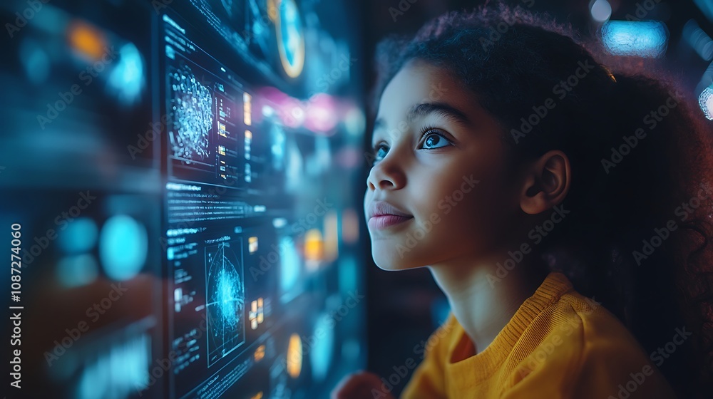 Inspiring child engaged with technology learning space digital art Inspiring child engaged with technology learning space digital art