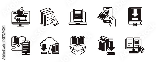 digital library online book download icon set business education media e-book learning read journal literature signs vector line illustration for web and app