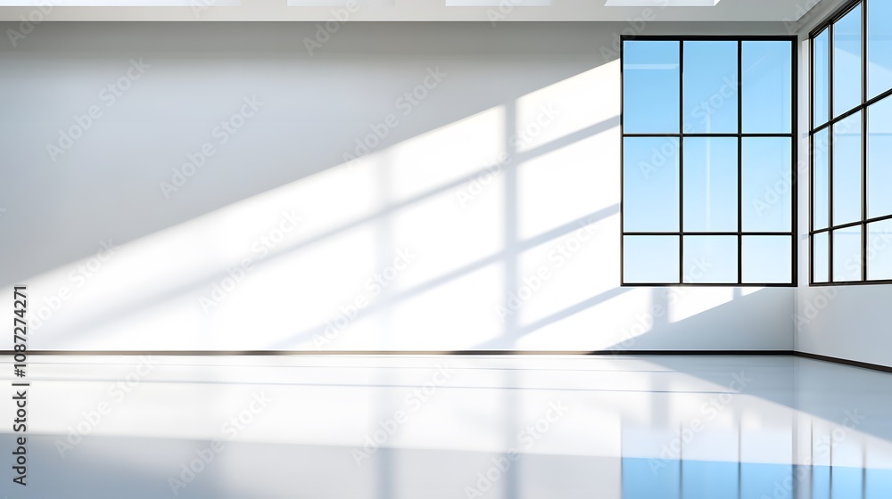 Obraz premium Minimalist 3D office space with light streaming through windows and smooth floor textures