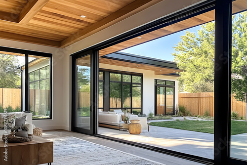 Porte fenêtre à galandage donnant sur la terrasse